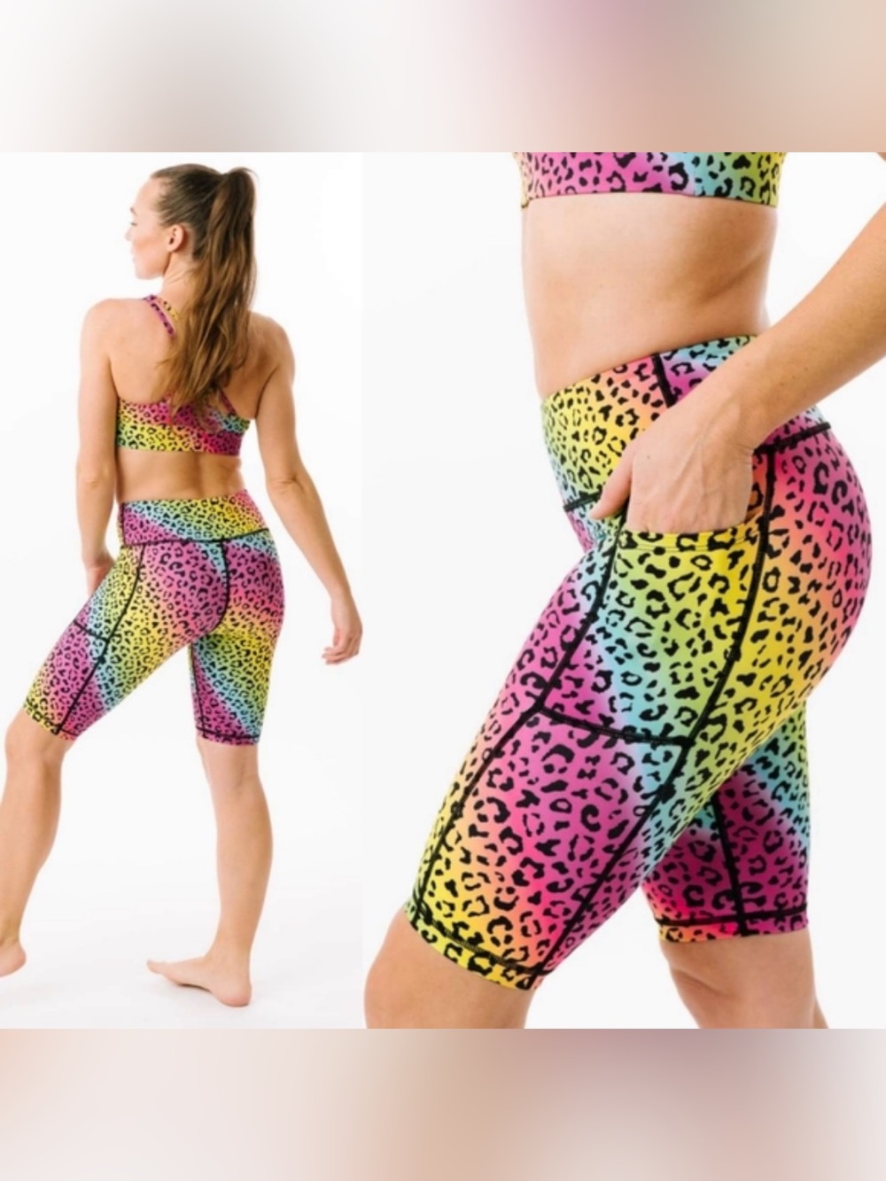NWT Zyia Rainbow Leopard Light N Tight Pocket Hustle Shorts 9” Large